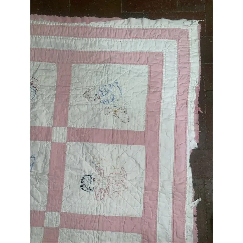 Vintage Patchwork Hand Quilted Embroidered Baby Girl Cotton Blanket Quilt 44” SQ
